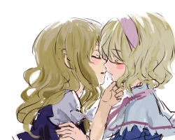 Rule 34 | 2girls, alice margatroid, ama-tou, blonde hair, blush, closed eyes, couple, female focus, grabbing another&#039;s chin, hairband, hand on another&#039;s chin, imminent kiss, kirisame marisa, long hair, multiple girls, no headwear, short hair, simple background, touhou, witch, yuri