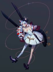Rule 34 | 1girl, asymmetrical sleeves, bare shoulders, black bow, black footwear, bow, breasts, closed mouth, collarbone, colored inner hair, dress, grey background, grey hair, gwen (league of legends), hair bow, hair horns, high heels, highres, kgynh, league of legends, looking at viewer, medium breasts, mismatched sleeves, multicolored hair, oversized object, pantyhose, red hair, scissors, simple background, single leg pantyhose, single thighhigh, smile, solo, strapless, strapless dress, thighhighs, white dress, white pantyhose, white thighhighs