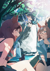 Rule 34 | &gt; &lt;, 4girls, :d, > <, absurdres, animal ears, arms behind head, arms up, bikini, black-framed eyewear, blue hair, blue headwear, blue jacket, blue shorts, breasts, brown eyes, brown hair, collarbone, commentary, crop top, day, english commentary, fuyukayui, glasses, hat, unworn hat, unworn headwear, highres, horse ears, horse girl, horse tail, ikuno dictus (umamusume), jacket, long hair, matikane tannhauser (umamusume), medium breasts, multicolored hair, multiple girls, navel, nice nature (umamusume), open clothes, open jacket, open mouth, outdoors, parted lips, puffy short sleeves, puffy sleeves, red bikini, round eyewear, sharp teeth, short shorts, short sleeves, shorts, smile, streaked hair, swimsuit, tail, teeth, tree, twin turbo (umamusume), twintails, umamusume, very long hair, water, white hair, xd