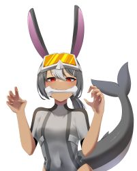 Rule 34 | absurdres, animal ears, bodysuit, commission, commissioner upload, fins, fish tail, goggles, goggles on head, highres, indie virtual youtuber, multicolored hair, non-web source, original, rabbit ears, shark tail, sharkabbit, sharp teeth, tail, tan, teeth, two-tone hair, virtual youtuber