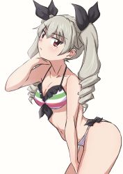 Rule 34 | 1girl, anchovy (girls und panzer), between legs, bikini, black ribbon, blush, breasts, cleavage, closed mouth, commentary, cowboy shot, drill hair, frilled bikini, frills, front-tie bikini top, front-tie top, frown, girls und panzer, green hair, hair ribbon, hand between legs, hand in own hair, highres, leaning forward, long hair, looking at viewer, medium breasts, multicolored stripes, munisuke (zrkt7883), navel, red eyes, ribbon, side-tie bikini bottom, simple background, solo, standing, striped bikini, striped clothes, swimsuit, twin drills, twintails, white background