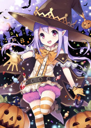 Rule 34 | 1girl, :d, candy, detached sleeves, food, gloves, halloween, hat, holding, jack-o&#039;-lantern, long hair, looking at viewer, mauve, open mouth, original, pio (potion maker), pointy ears, potion maker, pumpkin pants, purple eyes, purple hair, reaching, shoes, smile, solo, standing, standing on one leg, striped clothes, striped thighhighs, thighhighs, wand, witch hat, yellow gloves, zettai ryouiki