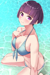 Rule 34 | 10s, 1girl, aqua bikini, arm support, bad anatomy, bad id, bad pixiv id, bare arms, bare legs, bare shoulders, bikini, blush, breasts, cleavage, collarbone, eromanga sensei, from above, front-tie bikini top, front-tie top, hand on own chest, head tilt, highres, large breasts, looking at viewer, mitsukichi, partially submerged, purple eyes, purple hair, senju muramasa, short hair, sitting, solo, striped bikini, striped clothes, swimsuit, thighs, wavy mouth