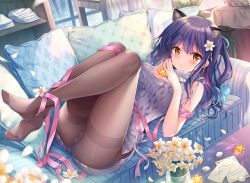 Rule 34 | 1girl, animal ears, anus, ass, blush, brown pantyhose, cat ears, dress, feet, fingers together, from above, highres, legs up, lying, nanami yuuno, no panties, on back, pantyhose, pussy, pussy juice, ribbon, sweater, sweater dress, thighband pantyhose, third-party edit, twinbox, twinbox school, uncensored