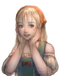 Rule 34 | 1girl, bad id, bad twitter id, blonde hair, blue eyes, commentary request, dragon quest, dragon quest xi, dress, emma (dq11), head scarf, long hair, looking at viewer, open mouth, puffy short sleeves, puffy sleeves, realistic, short sleeves, simple background, smile, solo, straight hair, white background