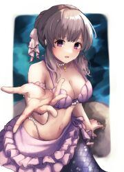 Rule 34 | 1girl, :d, bikini, blush, breasts, chet, cleavage, commentary request, grey hair, idolmaster, idolmaster shiny colors, jewelry, large breasts, long hair, looking at viewer, medium breasts, mermaid, monster girl, monsterification, navel, necklace, open mouth, pearl necklace, purple bikini, purple eyes, smile, solo, swimsuit, yukoku kiriko