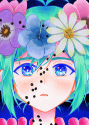 Rule 34 | 1boy, antenna hair, basil (headspace) (omori), basil (omori), blush, bug, close-up, flower, flower wreath, green eyes, green hair, head wreath, highres, looking at viewer, male focus, msdnno kabe, omori, parted lips, short hair, solo, spider