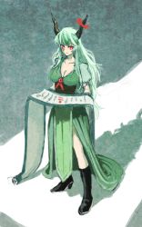 Rule 34 | 1girl, bad id, bad pixiv id, boots, breasts, cleavage, dress, ex-keine, green dress, green hair, horns, hoshitetsu ringo, kamishirasawa keine, large breasts, long dress, long hair, reading, red eyes, scroll, shadow, solo, standing, touhou