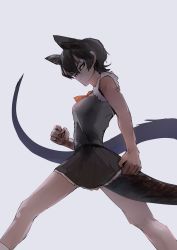 Rule 34 | 1girl, animal ears, bare arms, bare legs, bare shoulders, black hair, clenched hands, closed mouth, extra ears, feet out of frame, fingernails, fossa (kemono friends), from side, highres, kemono friends, long tail, looking at viewer, miniskirt, multicolored eyes, red eyes, serious, shirt, short hair, simple background, skirt, sleeveless, sleeveless shirt, slit pupils, solo, tail, tan, walking, yappa muri, yellow eyes