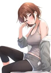 Rule 34 | 1girl, absurdres, aketa mikoto, b1ack illust, black leggings, blue eyes, blush, bob cut, breasts, brown hair, cleavage, commentary request, commission, cowboy shot, highres, idolmaster, idolmaster shiny colors, jacket, leggings, looking at viewer, medium breasts, midriff peek, off shoulder, on bed, open clothes, open jacket, parted lips, partially undressed, pixiv commission, rubbing eyes, shirt, short hair, short shorts, shorts, simple background, sitting, sleeveless, sleeveless shirt, solo, waking up, white background