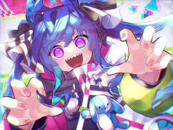 Rule 34 | 1girl, :d, @ @, ahoge, animal ears, aqua hair, blue eyes, blue hair, blurry, bow, chromatic aberration, commentary, crossed bangs, curled fingers, depth of field, drawstring, fingernails, hair bow, hands up, heterochromia, highres, hood, hoodie, horse ears, horse girl, long hair, long sleeves, looking at viewer, maigo (user xkwr8585), multicolored clothes, multicolored hair, multicolored hoodie, open mouth, purple eyes, sharp teeth, sidelocks, smile, solo, striped, striped bow, stuffed animal, stuffed rabbit, stuffed toy, teeth, twin turbo (umamusume), twintails, two-tone hair, umamusume, upper body, upper teeth only