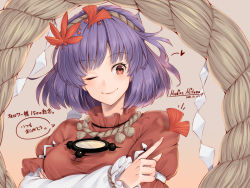 Rule 34 | 1girl, artist name, blush, breasts, closed mouth, dated, hair ornament, large breasts, leaf hair ornament, long sleeves, looking at viewer, mitama mudimudi, one eye closed, purple hair, red eyes, short hair, signature, smile, solo, speech bubble, touhou, translation request, yasaka kanako