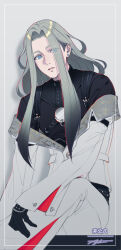 Rule 34 | 1boy, black gloves, black hair, black shirt, blue eyes, colored tips, earrings, eyes visible through hair, feet out of frame, framed, gloves, grey background, grey hair, harness, himetsuru ichimonji (touken ranbu), jacket, jewelry, lapels, long hair, long sleeves, looking at viewer, male focus, multicolored hair, notched lapels, off shoulder, pants, parted bangs, parted lips, shirt, sidelocks, sitting, sleeve garter, smile, solo, stud earrings, suda ayaka, touken ranbu, white jacket, white pants