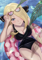 Rule 34 | 1girl, absurdres, afloat, alternate costume, arm up, black one-piece swimsuit, blonde hair, blurry, blurry foreground, blush, breasts, cleavage, closed mouth, collarbone, commentary request, creatures (company), cynthia (pokemon), day, eyelashes, eyewear on head, game freak, grey eyes, hair ornament, hair over one eye, highres, innertube, leaf, long hair, manta shinkai, medium breasts, nintendo, one-piece swimsuit, outdoors, pokemon, pokemon dppt, polka dot innertube, smile, solo, sunglasses, swim ring, swimsuit, water