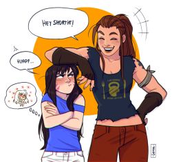Rule 34 | 2girls, ahoge, anger vein, artist request, blush, breasts, brigitte (overwatch), brown hair, casual, casual, chibi, cleavage, closed eyes, closed mouth, cmlotus, collarbone, crop top, crossed arms, d.va (overwatch), embarrassed, english text, facial mark, facing another, fingerless gloves, fork, freckles, gloves, hand on own hip, happy, heart, height difference, high ponytail, highres, knife, laughing, leaning on person, long hair, looking at another, looking up, multiple girls, overwatch, overwatch 1, pants, parted lips, ponytail, pout, print shirt, shirt, simple background, sleeveless, sleeveless shirt, smile, standing, talking, tattoo, teeth, thought bubble, white background, yuri