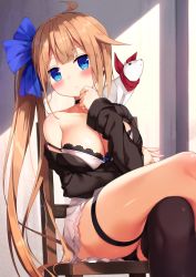 Rule 34 | 1girl, ahoge, animal, asymmetrical legwear, black choker, black jacket, black panties, black thighhighs, blue bow, blue eyes, blush, bow, breasts, brown hair, chair, choker, cleavage, closed mouth, collarbone, commentary request, dress, ezoshika, fal (girls&#039; frontline), ferret, fingernails, girls&#039; frontline, hair bow, hand up, head tilt, highres, jacket, large breasts, long hair, long sleeves, looking at viewer, off shoulder, on chair, panties, side ponytail, sidelocks, single thighhigh, sitting, sleeveless, sleeveless dress, solo, strap slip, thighhighs, underwear, uneven legwear, very long hair, white dress