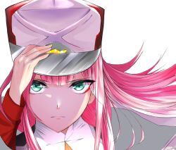 Rule 34 | 10s, 1girl, aqua eyes, csc00014, darling in the franxx, hand on headwear, hat, highres, long hair, looking at viewer, peaked cap, pink hair, simple background, solo, uniform, white background, zero two (darling in the franxx)