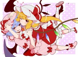 Rule 34 | 2girls, arms up, bat wings, black wings, blonde hair, blue hair, blush, bow, commentary request, eichi yuu, flandre scarlet, full body, hand on another&#039;s arm, hands on another&#039;s head, hat, hat bow, heart, heart background, high heels, long hair, looking at viewer, mary janes, mob cap, multiple girls, one eye closed, open mouth, outside border, pink footwear, pink hat, pink skirt, puckered lips, red bow, red eyes, red footwear, red skirt, remilia scarlet, shoes, short hair, short sleeves, side ponytail, skirt, skirt set, socks, touhou, white hat, white legwear, wings
