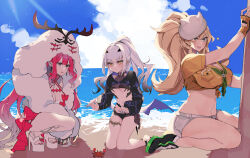 Rule 34 | antlers, baobhan sith (fate), baobhan sith (swimsuit pretender) (fate), baobhan sith (swimsuit pretender) (first ascension) (fate), barghest (fate), barghest (swimsuit archer) (fate), beach, bikini, black bikini, black jacket, blonde hair, blue sky, breasts, cernunnos (fate), character hood, cleavage, crab, cropped jacket, detached collar, dragon wings, fate/grand order, fate (series), fingerless gloves, forked eyebrows, gloves, green eyes, grey eyes, grey headwear, grey skirt, hat, high ponytail, highres, horns, jacket, large breasts, long hair, long sleeves, melusine (fate), melusine (swimsuit ruler) (fate), melusine (swimsuit ruler) (first ascension) (fate), midriff, miniskirt, nail polish, navel, neckerchief, open clothes, open jacket, open mouth, pencil skirt, pink hair, platform footwear, platform heels, pointy ears, sand sculpture, shirt, shoes, shore, short sleeves, shrug (clothing), sidelocks, sitting, skirt, sky, small breasts, smile, sneakers, squatting, swimsuit, tail, thighlet, tied shirt, uxco0, wariza, white hair, white jacket, wings, yellow eyes, yellow gloves, yellow shirt