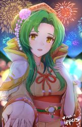 Rule 34 | 1girl, brown eyes, elincia ridell crimea, festival, fire emblem, fire emblem: path of radiance, fire emblem: radiant dawn, fireworks, green hair, highres, ippers, japanese clothes, kimono, long hair, looking at viewer, night, nintendo, open mouth, simple background, smile, solo