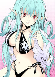 Rule 34 | 1girl, adelheit, adelhied, agahari, bikini, blue hair, breasts, cleavage, grin, hair rings, kinki no magna, large breasts, long hair, looking at viewer, navel, open clothes, open shirt, pointy ears, red eyes, shirt, smile, swimsuit, very long hair