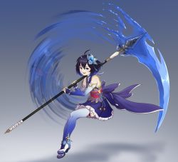 Rule 34 | 1girl, :d, absurdres, adapted costume, alternate costume, bare shoulders, blue eyes, blue flower, blue thighhighs, bob cut, company connection, crossover, dress, elbow gloves, flower, full body, gloves, hair flower, hair ornament, highres, holding, holding scythe, holding weapon, honkai (series), honkai impact 3rd, looking at viewer, medium hair, mihoyo, open mouth, scythe, seele vollerei, seele vollerei (swallowtail phantasm), sleeveless, sleeveless dress, smile, solo, suweeka, thighhighs, weapon, white footwear