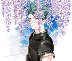Rule 34 | 1boy, achilles (fate), brown eyes, closed mouth, dark green hair, eyelashes, fate (series), faux traditional media, flower, hanging flower, male focus, naos (826), purple flower, short hair, short sleeves, toned, toned male, undercut, upper body, white background