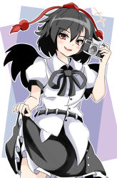 Rule 34 | +++, 1girl, belt, black hair, black ribbon, black skirt, black wings, blush, breasts, camera, clothes lift, commentary request, cowboy shot, dutch angle, from below, hair between eyes, hat, highres, holding, holding camera, kakineko, lifted by self, looking at viewer, neck ribbon, outline, parted lips, pom pom (clothes), puffy short sleeves, puffy sleeves, red eyes, red hat, ribbon, shameimaru aya, shirt, short hair, short sleeves, simple background, skirt, skirt lift, slit pupils, small breasts, smile, solo, standing, tokin hat, touhou, white outline, white shirt, wings