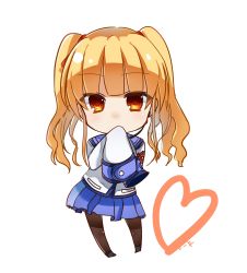 Rule 34 | 1girl, angel beats!, black footwear, blonde hair, blue skirt, brown pantyhose, chibi, commentary request, eyes visible through hair, full body, hair ornament, hair ribbon, covering own mouth, headset, heart, highres, key (company), long hair, long sleeves, looking at viewer, microphone, orange eyes, pantyhose, ribbon, shinda sekai sensen uniform, shirt, shoes, simple background, skirt, sleeves past wrists, solo, standing, twintails, white background, white shirt, yusa (angel beats!), zuzuhashi