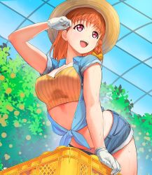 Rule 34 | 1girl, :d, a1 (initial-g), blue shirt, bow, braid, breasts, cleavage, commentary request, cowboy shot, crop top, denim, denim shorts, food, fruit, gloves, greenhouse, hat, leaning forward, looking away, looking to the side, love live!, love live! sunshine!!, mandarin orange, midriff, open mouth, orange hair, raised eyebrows, red eyes, shirt, short hair, short shorts, short sleeves, shorts, side braid, smile, solo, straw hat, summer, sun hat, sweat, sweaty clothes, takami chika, teeth, tied shirt, upper teeth only, wet, wet clothes, wet shirt, white gloves, yellow bow