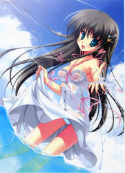 Rule 34 | 1girl, absurdres, bad id, bad yandere id, bare arms, bare shoulders, black hair, breasts, clothes lift, collarbone, day, dress, dress lift, dutch angle, green eyes, hair ornament, highres, hime cut, long hair, looking at viewer, medium breasts, mitsui mana, original, outdoors, panties, see-through, skirt, skirt lift, sleeveless, sleeveless dress, solo, splashing, striped clothes, striped panties, sundress, underwear, water, wet, wet clothes