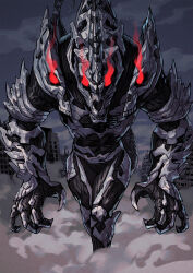Rule 34 | alien, building, city, destruction, dust, extra eyes, forked tail, glowing, glowing eyes, godzilla: final wars, godzilla (series), highres, kaijuu, looking at viewer, monster x, multiple heads, muscular, muscular male, night, no humans, no pupils, red eyes, ruins, skeleton, skyscraper, space monster, tail, toho, yagi2013