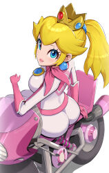 Rule 34 | 1girl, absurdres, ass, biker clothes, biker peach, bikesuit, blonde hair, blue eyes, bodysuit, breasts, brooch, closed mouth, crown, earrings, eyelashes, from above, from behind, gloves, gonzarez, heart, high ponytail, highres, jewelry, large breasts, long hair, looking at viewer, looking back, looking up, mario (series), mario kart, mario kart wii, motor vehicle, motorcycle, nintendo, pink gloves, pink lips, pink scarf, ponytail, princess peach, scarf, simple background, skin tight, solo, sphere earrings, white background