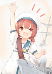 Rule 34 | 1girl, arm up, blue sailor collar, blush, centi mnkt, dress, hair ribbon, hair rings, hat, highres, kaiboukan no.4 (kantai collection), kantai collection, notice lines, open mouth, red eyes, red hair, ribbon, rigging, sailor collar, sailor dress, short hair, short sleeves, simple background, solo
