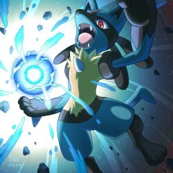 1other aura_sphere_(pokemon) black_hair body_fur commentary creatures_(company) dated fangs furry game_freak gen_4_pokemon lucario nintendo open_mouth other_focus pokemon pokemon_(creature) red_eyes rock spikes tail wataame4907