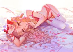 Rule 34 | 10s, 1girl, alphonse (white datura), bed sheet, blonde hair, bow, bra, drill hair, eromanga sensei, female focus, finger to mouth, full body, garter belt, hair bow, hair ornament, lingerie, long hair, looking at viewer, lying, nail polish, on side, orange eyes, panties, paper, petals, pink nails, pointy ears, red bow, red bra, red panties, ribbon, rose petals, smile, solo, strap slip, thighhighs, underwear, underwear only, white thighhighs, wrist ribbon, yamada elf