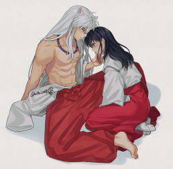 Rule 34 | 1boy, 1girl, animal ears, armpits, bare pectorals, barefoot, bead necklace, beads, bishounen, black hair, blush, collarbone, commentary request, dog boy, dog ears, finger to another&#039;s mouth, grey background, hakama, hakama pants, highres, higurashi kagome, inuyasha, inuyasha (character), japanese clothes, jewelry, lips, long hair, looking at another, male focus, miko, motobi (mtb umk), muscular, navel, necklace, pants, pectorals, red hakama, sidelocks, simple background, sitting, socks, sweatdrop, topless male, very long hair, wariza, white hair, wide sleeves, yellow eyes