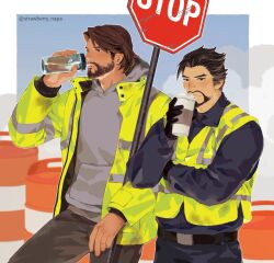 Rule 34 | 2boys, alternate costume, asian, beard, belt, black belt, black gloves, black hair, blue pants, blue sleeves, brown hair, brown pants, cassidy (overwatch), cup, drinking, drinking straw, facial hair, gloves, grey sweater, hanzo (overwatch), height difference, holding, holding cup, liquid, male focus, multiple boys, multiple views, overwatch, pants, road sign, short hair, sign, simple background, stop sign, strawberry napa, sweater, twitter username, upper body