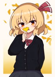 Rule 34 | 1girl, arm behind back, blonde hair, blush, bow, bowtie, cardigan, ginkgo leaf, hair ornament, highres, holding, holding leaf, leaf, long sleeves, looking at viewer, open mouth, orange eyes, petals, rumia, school uniform, short hair, solo, striped bow, striped bowtie, striped clothes, takapi 3, touhou