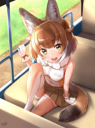 Rule 34 | 1girl, :d, animal ear fluff, animal ears, arm support, armpit crease, backlighting, bare arms, bare shoulders, blurry, blurry background, blush, breast pocket, breasts, brown eyes, brown skirt, bus interior, dhole (kemono friends), dog ears, dog girl, dog tail, extra ears, foot out of frame, from above, fur-trimmed collar, fur trim, glove bow, gloves, grass, hair flaps, hand up, highres, kemono friends, kemono friends 3, knee up, light brown hair, looking at viewer, looking to the side, looking up, medium breasts, miniskirt, multicolored hair, no shoes, open mouth, orange thighhighs, outdoors, pleated skirt, pocket, shiny skin, shirt, short hair, signature, sitting, skirt, sleeveless, sleeveless shirt, smile, solo, tail, takebi, thighhighs, two-tone hair, vehicle interior, white gloves, white shirt, zettai ryouiki