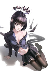 Rule 34 | 1girl, ahoge, alternate costume, arknights, arm support, black eyes, black footwear, black hair, black halo, black skirt, black thighhighs, black wings, blue shirt, blunt bangs, blurry, blurry background, breasts, breasts apart, bright pupils, broken halo, buttons, casual, closed mouth, collarbone, collared shirt, commentary, dark halo, depth of field, detached wings, diamond-shaped pupils, diamond (shape), dress shirt, drop shadow, energy wings, eyelashes, from above, full body, hair spread out, halo, highres, hime cut, kneeling, leaning to the side, light smile, long hair, long sleeves, looking at viewer, looking up, miniskirt, mole, mole under eye, navel, no bra, open clothes, open shirt, partially unbuttoned, pleated skirt, shadow, shirt, shoes, sidelocks, simple background, single bare shoulder, single off shoulder, skirt, small breasts, solo, stomach, straight hair, symbol-shaped pupils, tflop (tea flop), thighhighs, unbuttoned, unbuttoned shirt, very long hair, virtuosa (arknights), white background, white pupils, wing collar, wings, zettai ryouiki