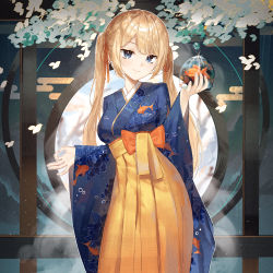 Rule 34 | 1girl, absurdres, animal print, bag, bagged fish, blonde hair, blue eyes, blue kimono, blush, breasts, closed mouth, commentary, cowboy shot, dayshiart, english commentary, fish, fish print, hair ribbon, hakama, hakama skirt, highres, holding, holding bag, hololive, hololive english, japanese clothes, kimono, long hair, long sleeves, looking at viewer, medium breasts, orange ribbon, print kimono, ribbon, skirt, smile, solo, standing, twintails, virtual youtuber, watson amelia, watson amelia (new year), yellow hakama