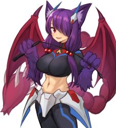 Rule 34 | 1girl, :d, animal ears, animal hands, breasts, claws, commentary, crop top, english commentary, hair bobbles, hair ornament, hair over one eye, highres, long hair, looking at viewer, manticore (monster girl encyclopedia), medium breasts, midriff, monster girl, monster girl encyclopedia, navel, open mouth, original, purple hair, red eyes, reri (elh), riding crop, smile, solo, sookmo, tail, wings