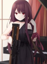 Rule 34 | 1girl, arm ribbon, bare arms, bare shoulders, black dress, blurry, blurry background, blush, breasts, brown hair, brown ribbon, bullpup, closed mouth, collarbone, commentary request, curtains, depth of field, dress, fingernails, girls&#039; frontline, gun, hair between eyes, hand up, highres, holding, holding gun, holding weapon, instrument, jewelry, keenh, long hair, looking at viewer, medium breasts, name connection, object namesake, official alternate costume, piano, piano bench, red eyes, ribbon, rifle, ring, scope, signature, sniper rifle, solo, strapless, strapless dress, trigger discipline, very long hair, wa2000 (ballroom interlude) (girls&#039; frontline), wa2000 (girls&#039; frontline), walther, walther wa 2000, weapon, window