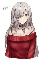 Rule 34 | 1girl, artist name, bad id, bad twitter id, bare shoulders, black choker, blush, bra strap, braid, breasts, choker, cleavage, collarbone, dated, g36c (girls&#039; frontline), girls&#039; frontline, grey hair, hair between eyes, hair ornament, hair over one eye, hairclip, highres, long hair, looking at viewer, medium breasts, open mouth, red eyes, selcky, simple background, solo, white background