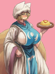 Rule 34 | 1girl, animal hat, blonde hair, blush, breasts, brown eyes, chanta (ayatakaoisii), covered erect nipples, cowboy shot, dress, food, food request, fox tail, hand up, hat, highres, huge breasts, long sleeves, looking at viewer, mob cap, multiple tails, omelet, omurice, mob cap, plump, purple background, short hair, simple background, slit pupils, smile, solo, tabard, tail, touhou, tray, white dress, wide sleeves, yakumo ran