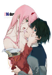 Rule 34 | 1girl, absurdres, artist name, bare shoulders, black hair, blue eyes, breasts, chenaze57, collarbone, couple, darling in the franxx, from side, green eyes, grey jacket, hair between eyes, hand on another&#039;s arm, hand on another&#039;s cheek, hand on another&#039;s face, hetero, highres, hiro (darling in the franxx), holding, horns, hug, jacket, lips, long hair, long sleeves, looking at another, looking at viewer, military, military uniform, nail polish, off shoulder, one eye closed, oni horns, open mouth, parted lips, pink nails, red horns, red jacket, simple background, teeth, uniform, upper body, white background, zero two (darling in the franxx)