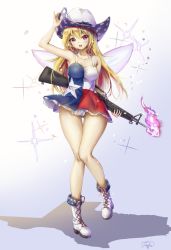 Rule 34 | 1girl, alternate costume, american flag dress, arm up, assault rifle, bare arms, bare shoulders, blonde hair, blue background, boots, breasts, clownpiece, cowboy hat, cross-laced footwear, different shadow, dress, fairy wings, fii fii (feefeeowo), fire, full body, gluteal fold, gradient background, gun, hand on headwear, hat, highres, knees together feet apart, long hair, looking at viewer, m16, m16a2, medium breasts, no panties, polka dot, red eyes, rifle, shadow, short dress, signature, sleeveless, sleeveless dress, smile, solo, sparkle background, standing, standing on one leg, texas, texas flag dress, thigh strap, thighs, touhou, weapon, white background, white footwear, white hat, wings