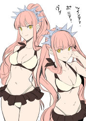 Rule 34 | 1girl, aono shimo, bad id, bad pixiv id, bare shoulders, bikini, breasts, cleavage, closed mouth, collarbone, fate/grand order, fate (series), flat color, high ponytail, highleg, highleg bikini, highres, medb (fate), medb (swimsuit saber) (fate), medium breasts, navel, pink hair, simple background, smile, solo, swimsuit, thigh gap, thighs, tiara, twintails, white background, white bikini, yellow eyes