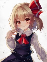 Rule 34 | 1girl, ascot, black skirt, black vest, blonde hair, blush, closed mouth, commentary request, grey background, hair ribbon, highres, long sleeves, looking at viewer, plus2sf, red ascot, red eyes, red ribbon, ribbon, rumia, shirt, simple background, skirt, smile, solo, touhou, vest, white shirt